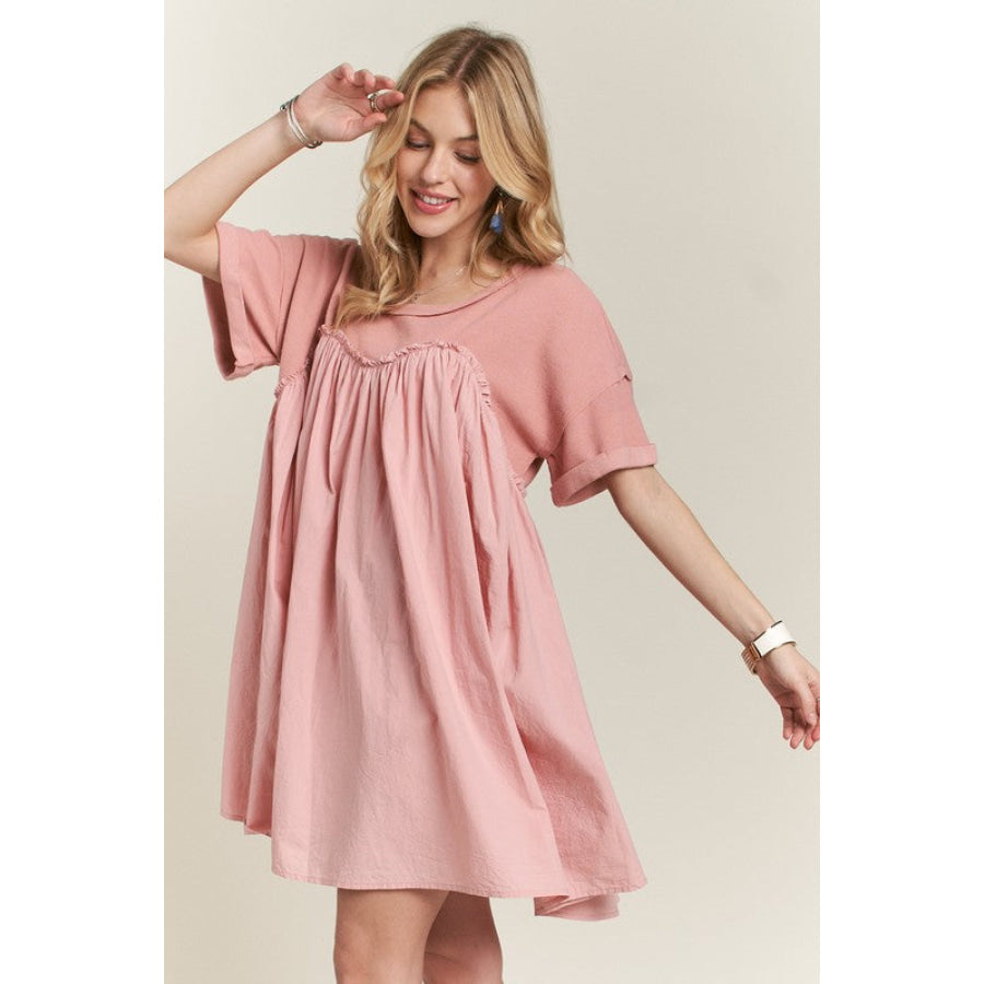 ADORA Round Neck Half Sleeve Babydoll Dress Dusty Pink / S Apparel and Accessories