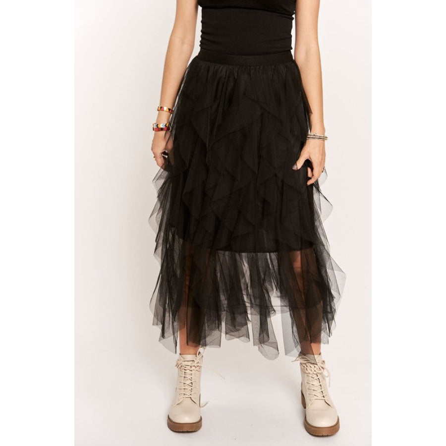 ADORA Ruffled Elastic Waist Midi Skirt Apparel and Accessories