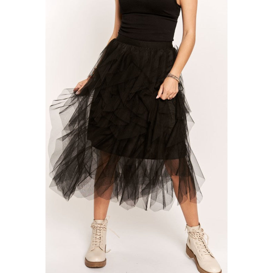 ADORA Ruffled Elastic Waist Midi Skirt Black / S/M Apparel and Accessories