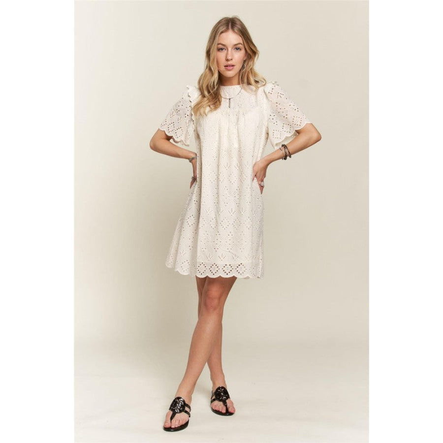 ADORA Ruffled Eyelet Round Neck Dress Apparel and Accessories