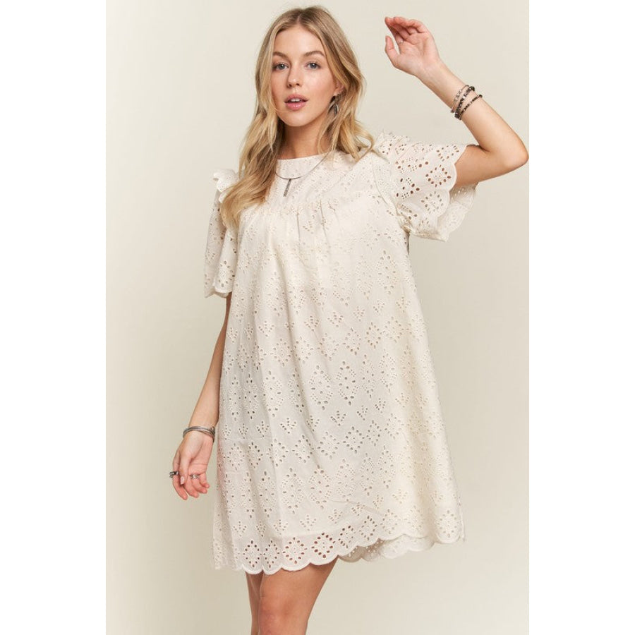 ADORA Ruffled Eyelet Round Neck Dress Apparel and Accessories