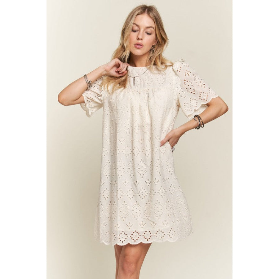 ADORA Ruffled Eyelet Round Neck Dress Apparel and Accessories