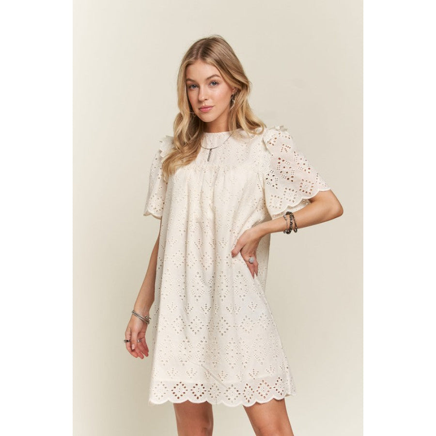 ADORA Ruffled Eyelet Round Neck Dress Apparel and Accessories