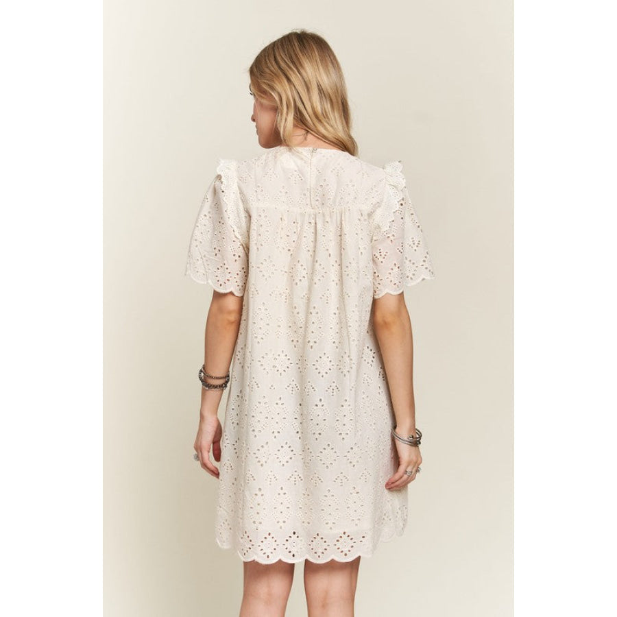 ADORA Ruffled Eyelet Round Neck Dress Apparel and Accessories