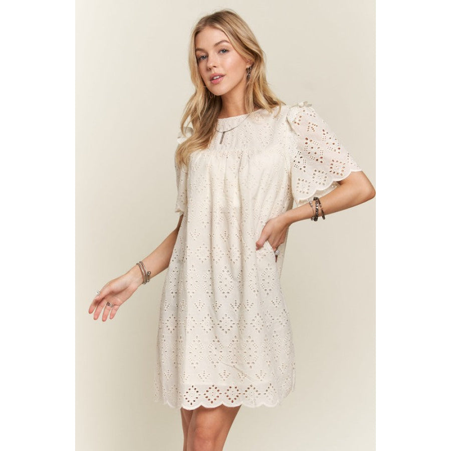 ADORA Ruffled Eyelet Round Neck Dress Apparel and Accessories