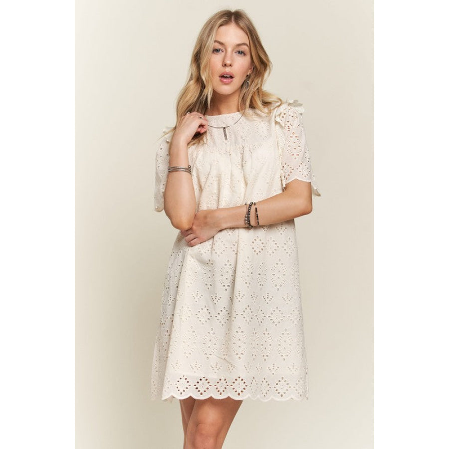 ADORA Ruffled Eyelet Round Neck Dress NATURAL / S Apparel and Accessories