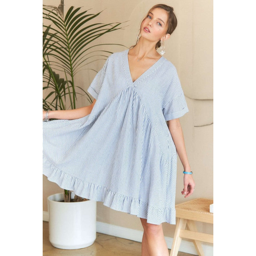 ADORA Ruffled Hem Striped V-Neck Babydoll Dress Apparel and Accessories