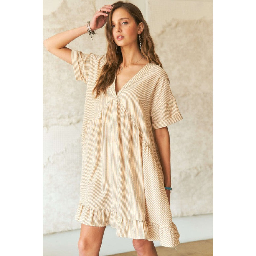 ADORA Ruffled Hem Striped V-Neck Babydoll Dress Apparel and Accessories