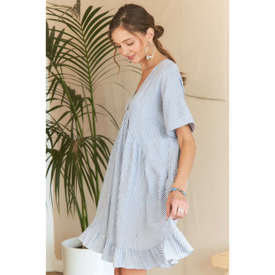 ADORA Ruffled Hem Striped V-Neck Babydoll Dress Apparel and Accessories