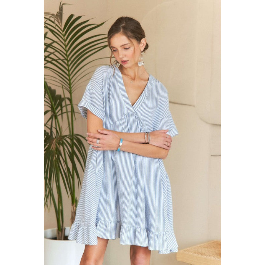 ADORA Ruffled Hem Striped V-Neck Babydoll Dress Apparel and Accessories