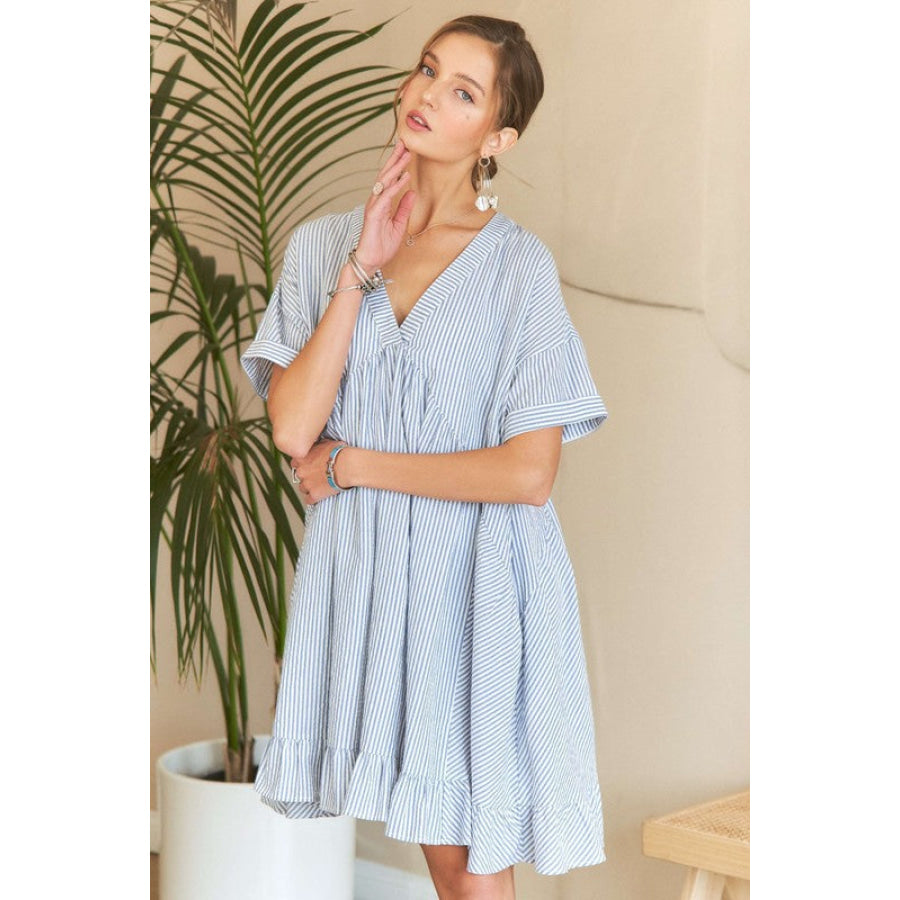 ADORA Ruffled Hem Striped V-Neck Babydoll Dress Light Blue / S Apparel and Accessories