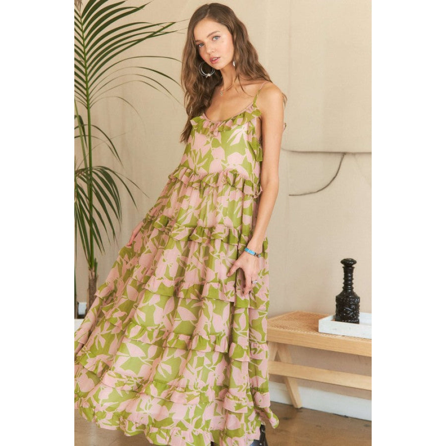 ADORA Ruffled Tiered Scoop Neck Cami Dress MAUVE SAGE COMBO / S Apparel and Accessories
