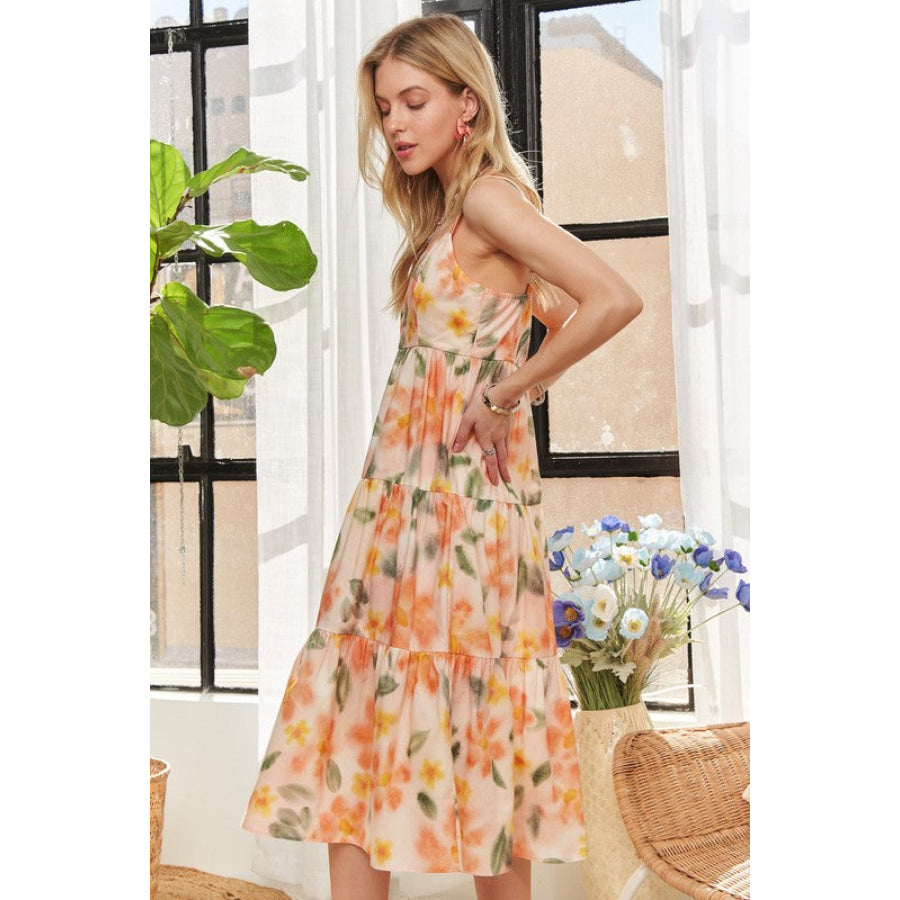 ADORA Smocked Back Floral Adjustable Strap Midi Dress Apparel and Accessories