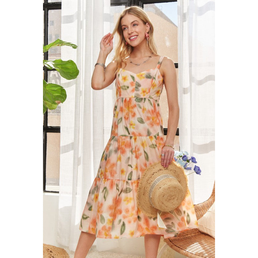 ADORA Smocked Back Floral Adjustable Strap Midi Dress Tangerine / S Apparel and Accessories