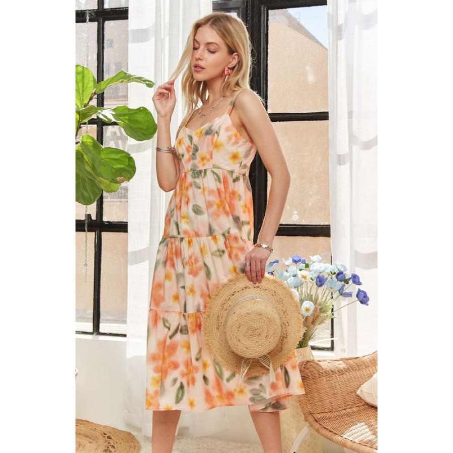 ADORA Smocked Back Floral Adjustable Strap Midi Dress Apparel and Accessories