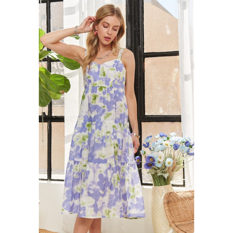 ADORA Smocked Back Floral Adjustable Strap Midi Dress Apparel and Accessories