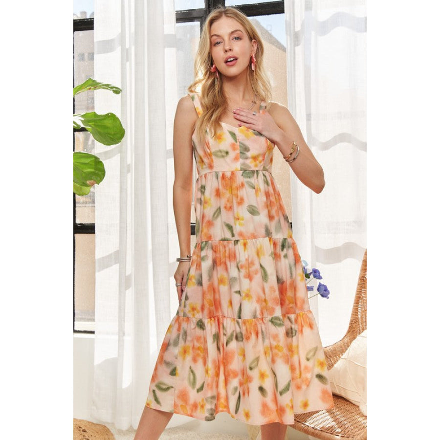 ADORA Smocked Back Floral Adjustable Strap Midi Dress Apparel and Accessories