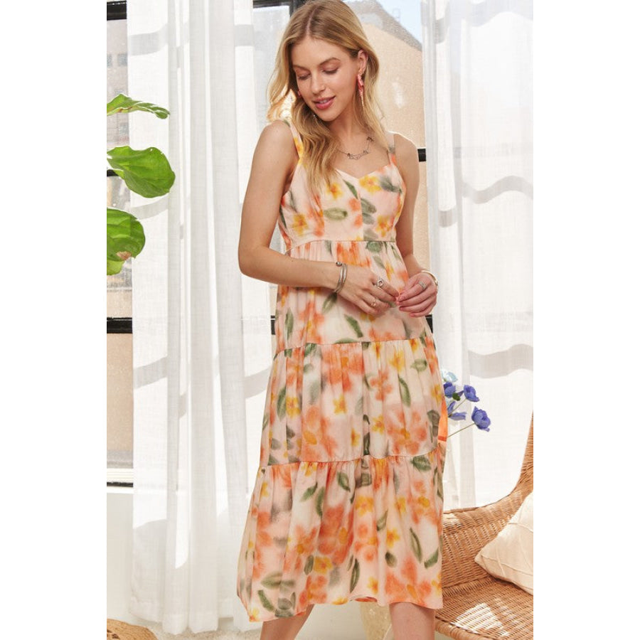 ADORA Smocked Back Floral Adjustable Strap Midi Dress Apparel and Accessories