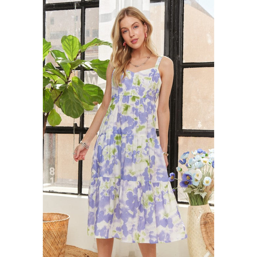 ADORA Smocked Back Floral Adjustable Strap Midi Dress Blue Purple / S Apparel and Accessories