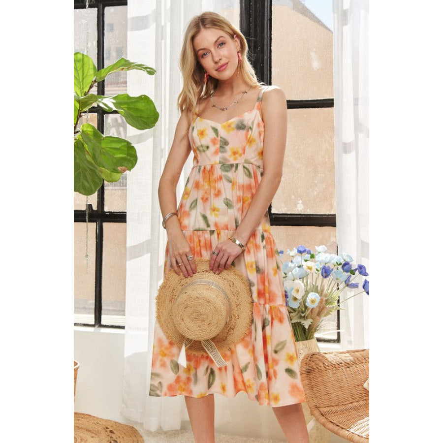 ADORA Smocked Back Floral Adjustable Strap Midi Dress Tangerine / S Apparel and Accessories