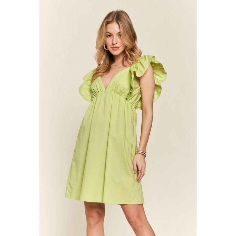 ADORA Smocked Back Ruffled Cap Sleeve Babydoll Dress LIME / S Apparel and Accessories