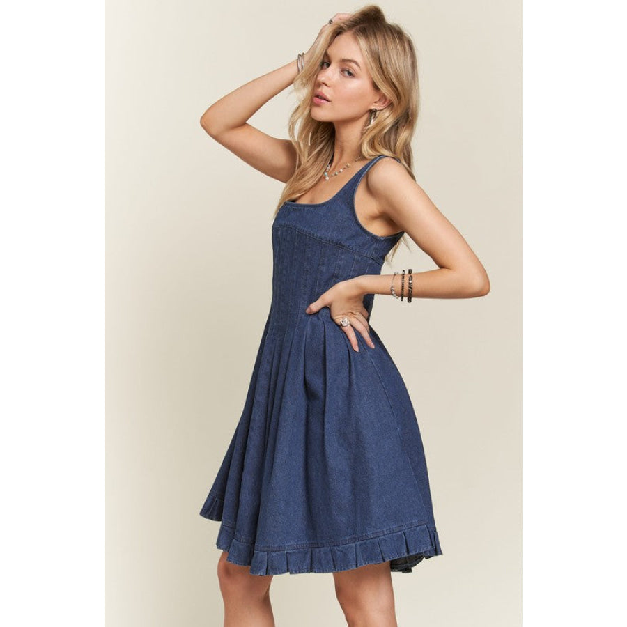 ADORA Smocked Back Square Neck Denim Dress Apparel and Accessories