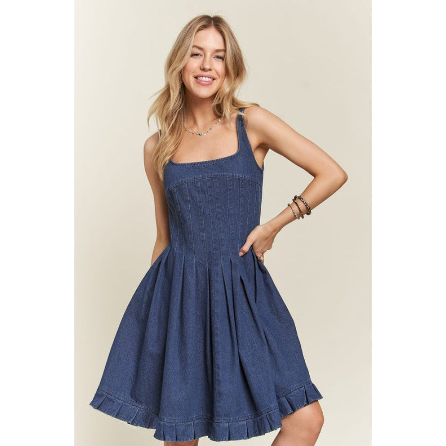 ADORA Smocked Back Square Neck Denim Dress Apparel and Accessories