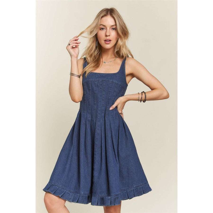 ADORA Smocked Back Square Neck Denim Dress DENIM BLUE / S Apparel and Accessories