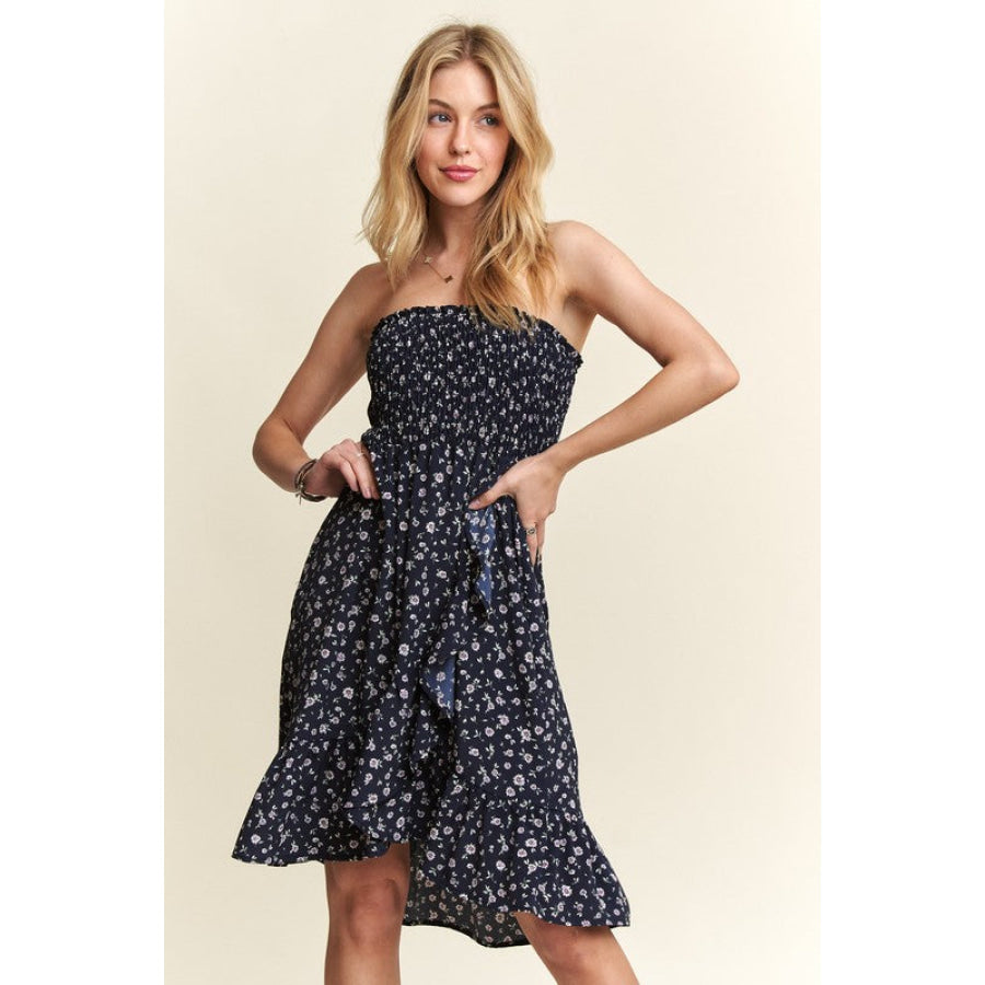 ADORA Smocked Floral Tube Dress with Pockets Navy / S Apparel and Accessories
