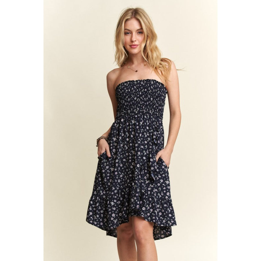 ADORA Smocked Floral Tube Dress with Pockets Navy / S Apparel and Accessories