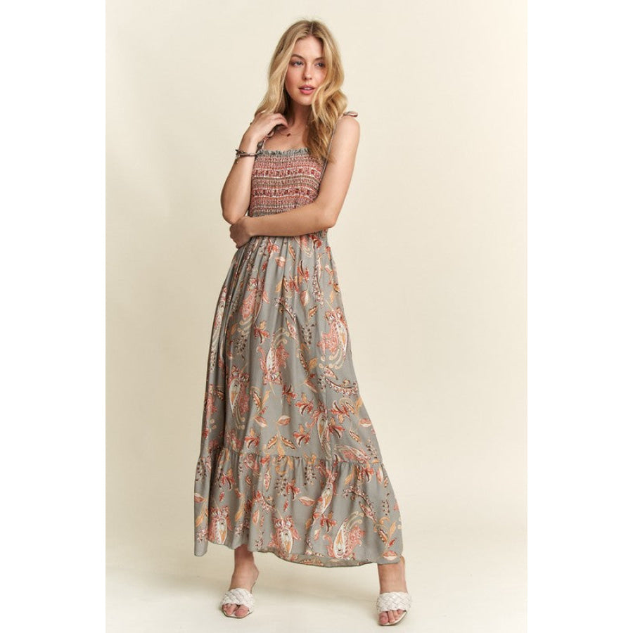 ADORA Smocked Printed Square Neck Tie Shoulder Cami Dress SAGE / S Apparel and Accessories