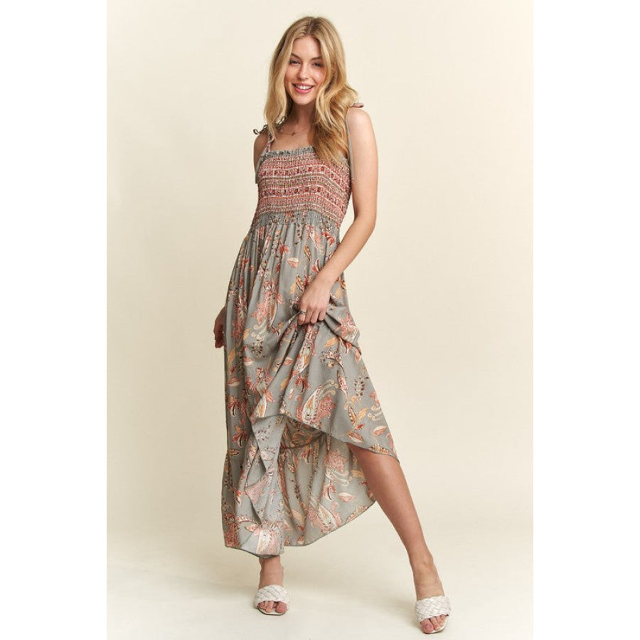 ADORA Smocked Printed Square Neck Tie Shoulder Cami Dress SAGE / S Apparel and Accessories