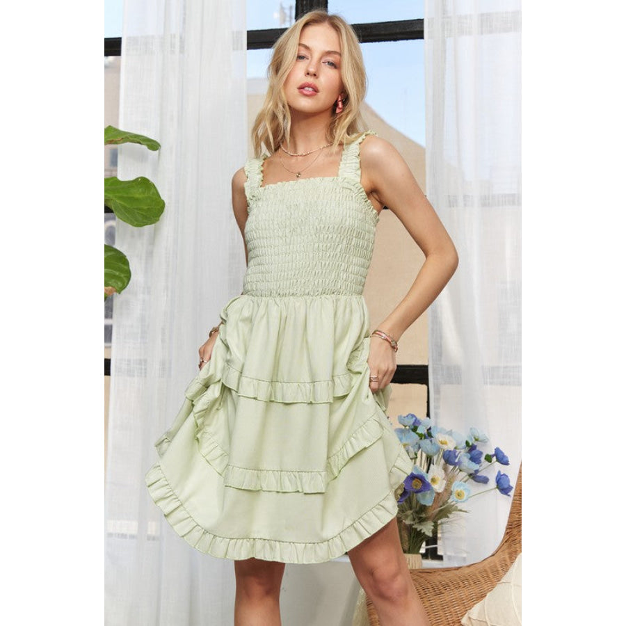 ADORA Smocked Ruffled Wide Strap Mini Dress SAGE STRIPE / S Apparel and Accessories