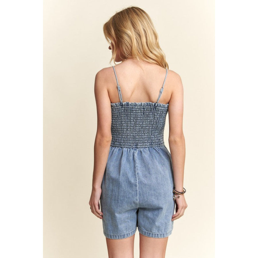 ADORA Smocked Spaghetti Strap Denim Romper Apparel and Accessories