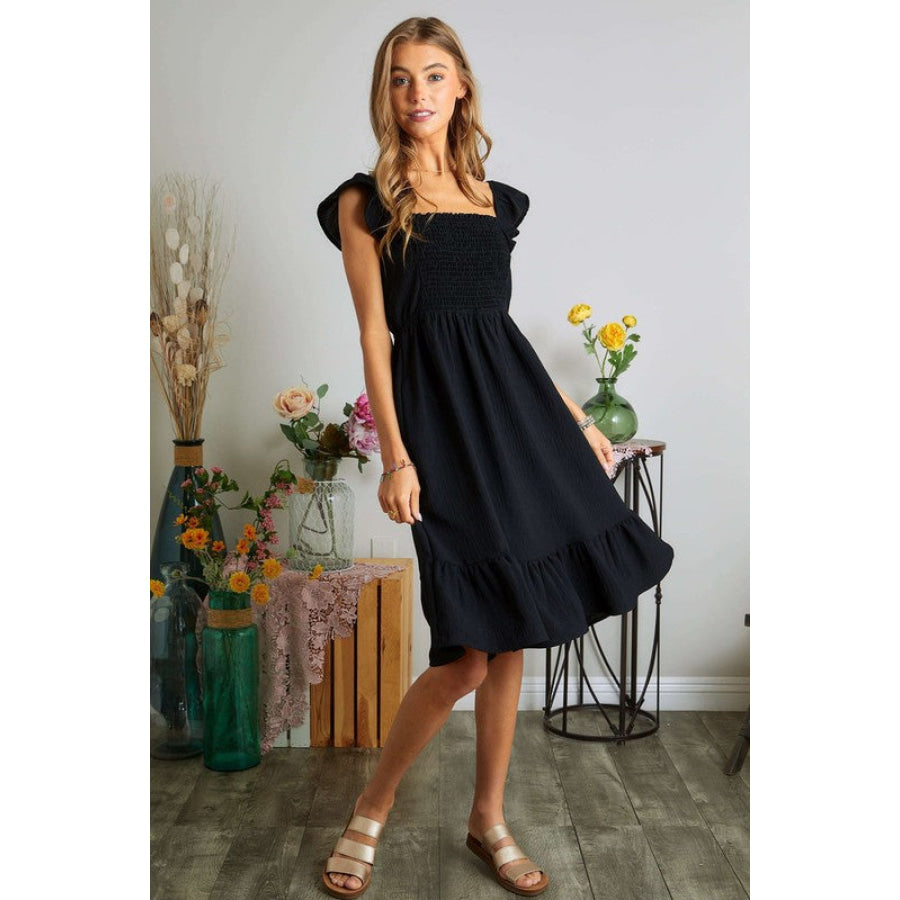 ADORA Smocked Square Neck Ruffled Cap Sleeve Dress Apparel and Accessories