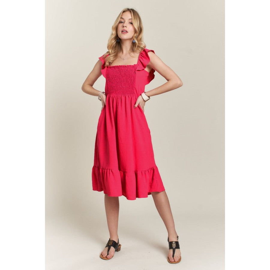 ADORA Smocked Square Neck Ruffled Cap Sleeve Dress Apparel and Accessories