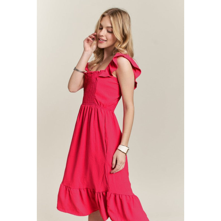 ADORA Smocked Square Neck Ruffled Cap Sleeve Dress Red / S Apparel and Accessories