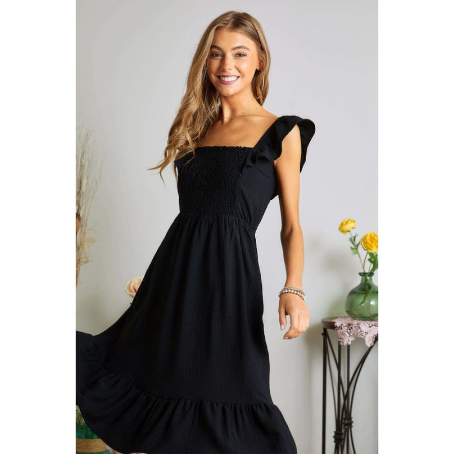 ADORA Smocked Square Neck Ruffled Cap Sleeve Dress Black / S Apparel and Accessories