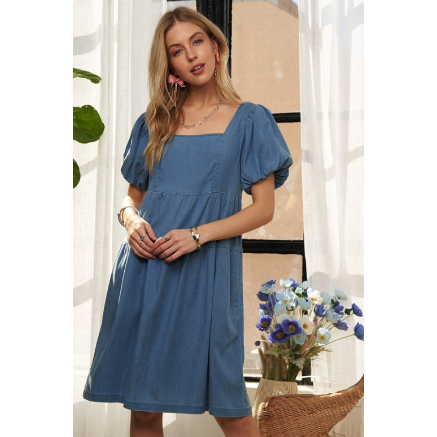 ADORA Square Neck Puff Sleeve Denim Dress Apparel and Accessories