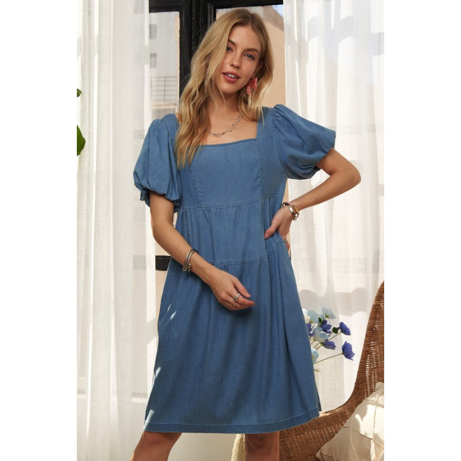 ADORA Square Neck Puff Sleeve Denim Dress Apparel and Accessories