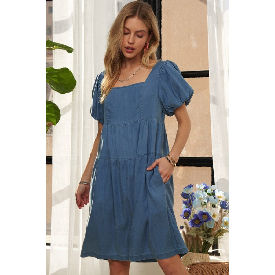 ADORA Square Neck Puff Sleeve Denim Dress Apparel and Accessories