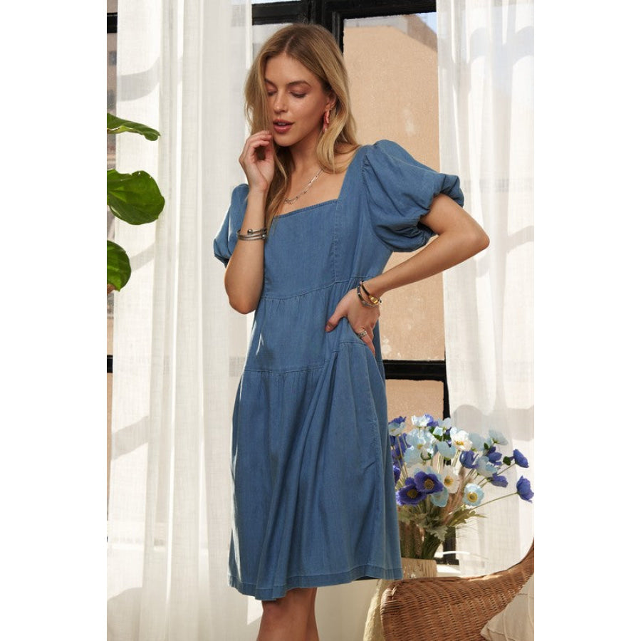 ADORA Square Neck Puff Sleeve Denim Dress Apparel and Accessories