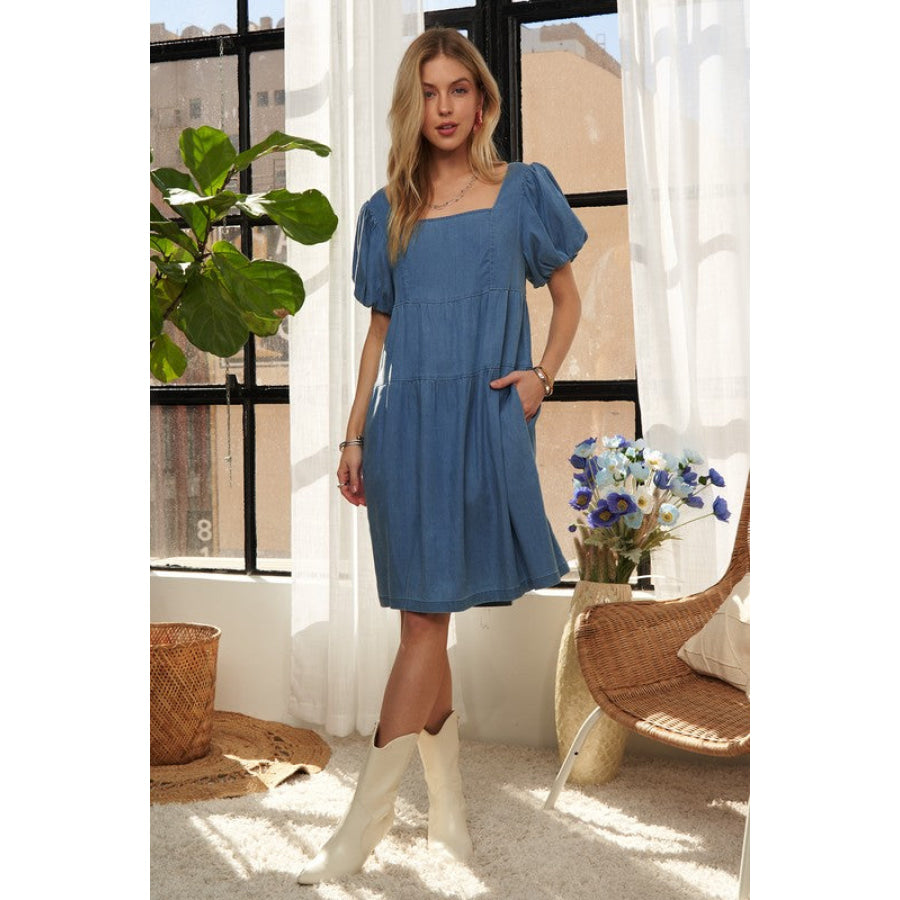 ADORA Square Neck Puff Sleeve Denim Dress Apparel and Accessories