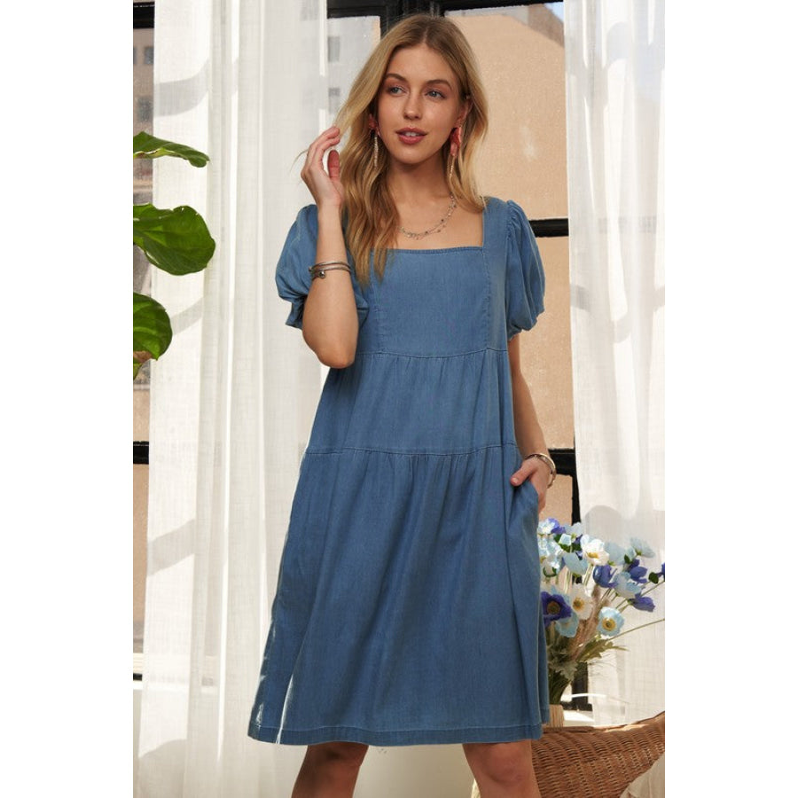 ADORA Square Neck Puff Sleeve Denim Dress Peacock Blue / S Apparel and Accessories