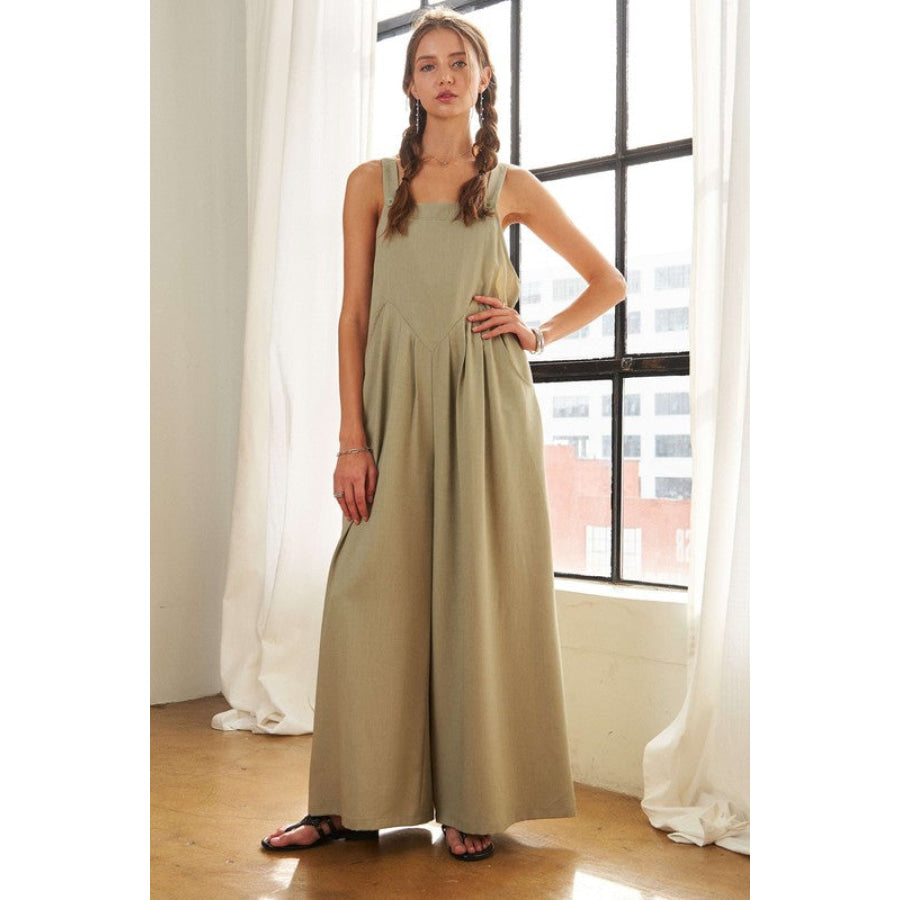 ADORA Square Neck Wide Leg Overalls with Pockets SAGE / S Apparel and Accessories