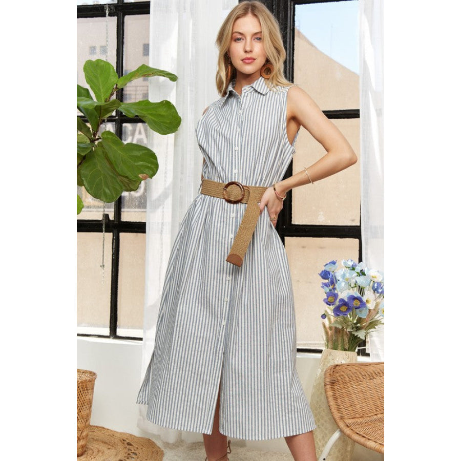 ADORA Striped Button Down Sleeveless Midi Dress Air Force Blue / S Apparel and Accessories