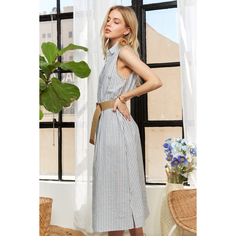 ADORA Striped Button Down Sleeveless Midi Dress Apparel and Accessories