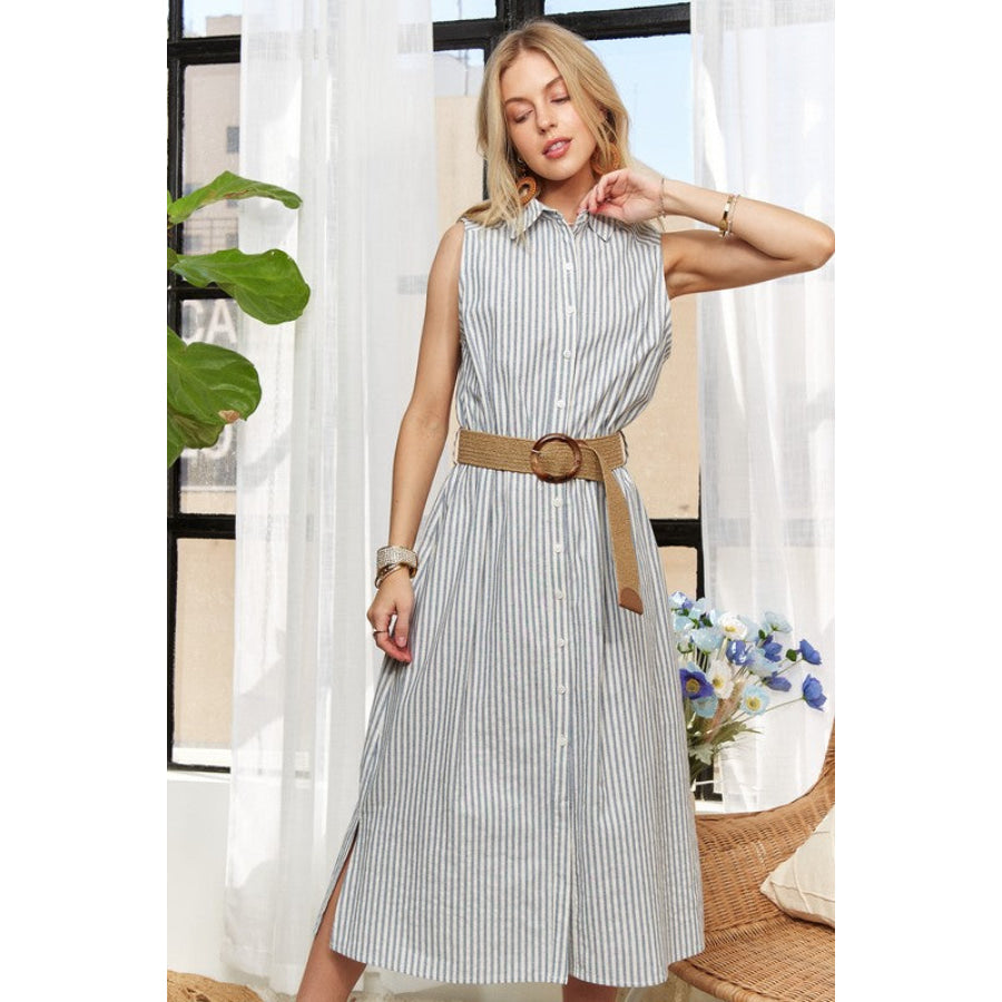 ADORA Striped Button Down Sleeveless Midi Dress Apparel and Accessories