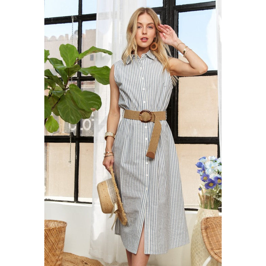 ADORA Striped Button Down Sleeveless Midi Dress Air Force Blue / S Apparel and Accessories