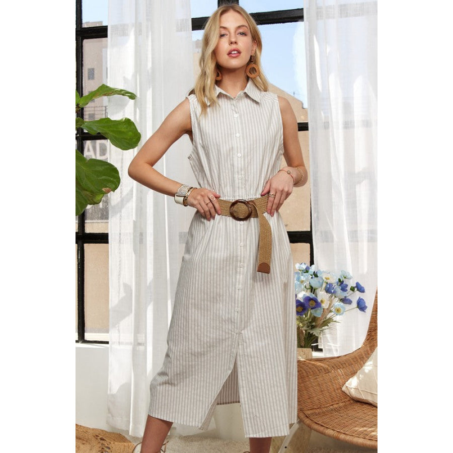 ADORA Striped Button Down Sleeveless Midi Dress Lt Grey / S Apparel and Accessories